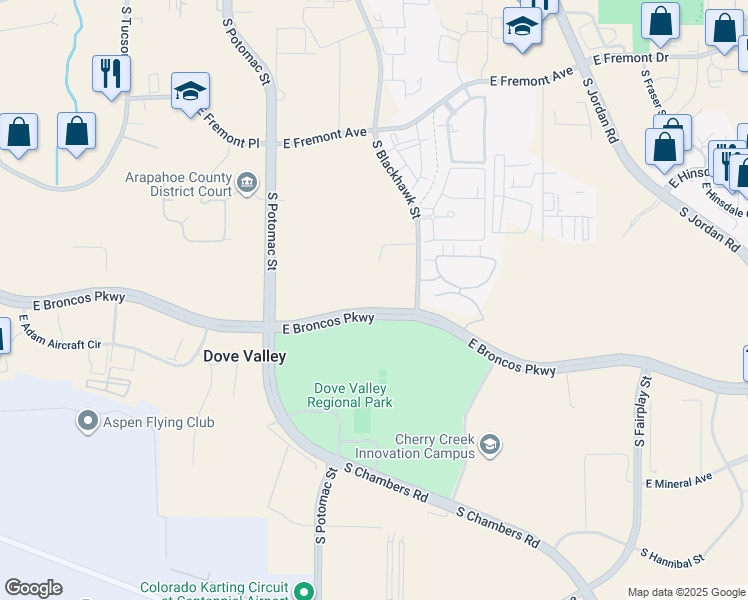 map of restaurants, bars, coffee shops, grocery stores, and more near 13985 East Broncos Parkway in Englewood