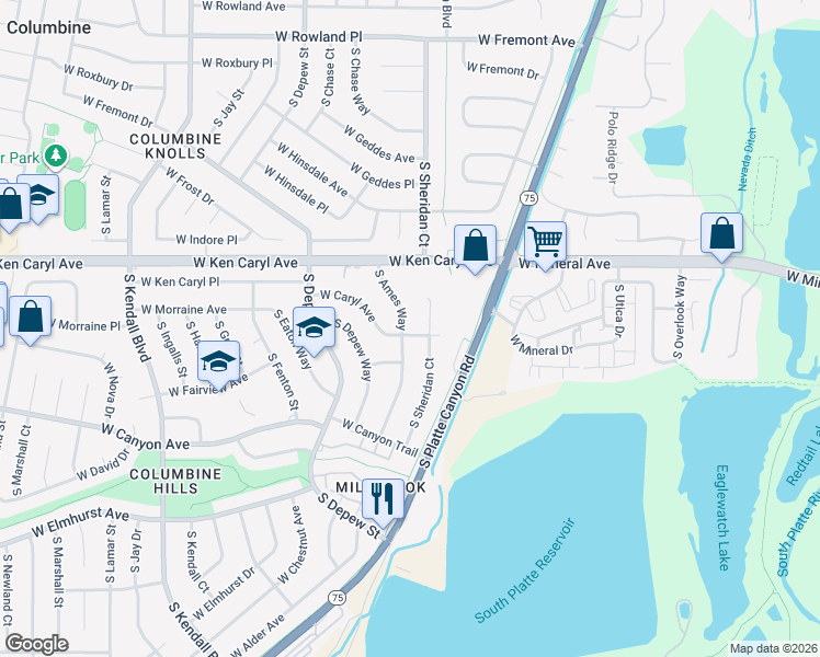 map of restaurants, bars, coffee shops, grocery stores, and more near 7582 South Ames Way in Littleton