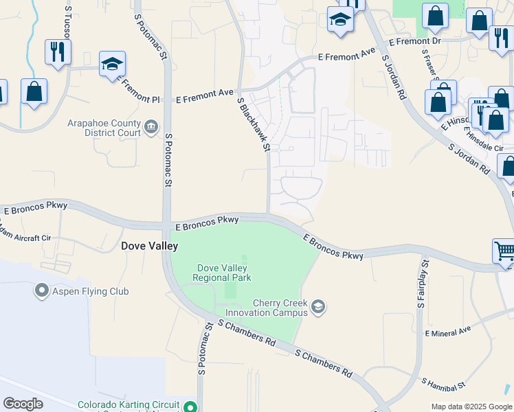 map of restaurants, bars, coffee shops, grocery stores, and more near 13985 East Broncos Parkway in Englewood