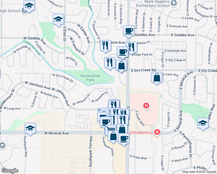 map of restaurants, bars, coffee shops, grocery stores, and more near 289 West Jamison Circle in Littleton