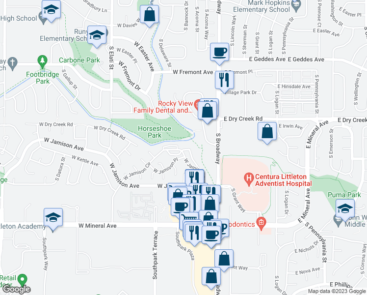 map of restaurants, bars, coffee shops, grocery stores, and more near 289 West Jamison Circle in Littleton