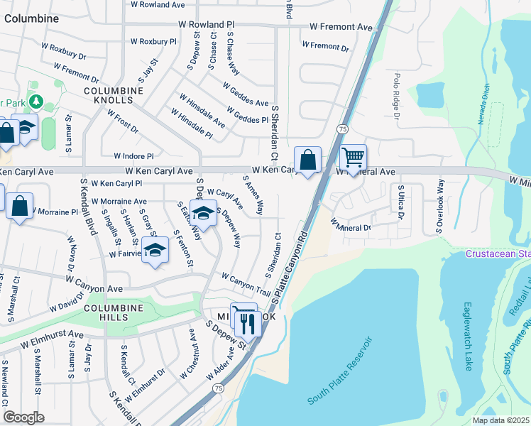map of restaurants, bars, coffee shops, grocery stores, and more near 7582 South Ames Way in Littleton