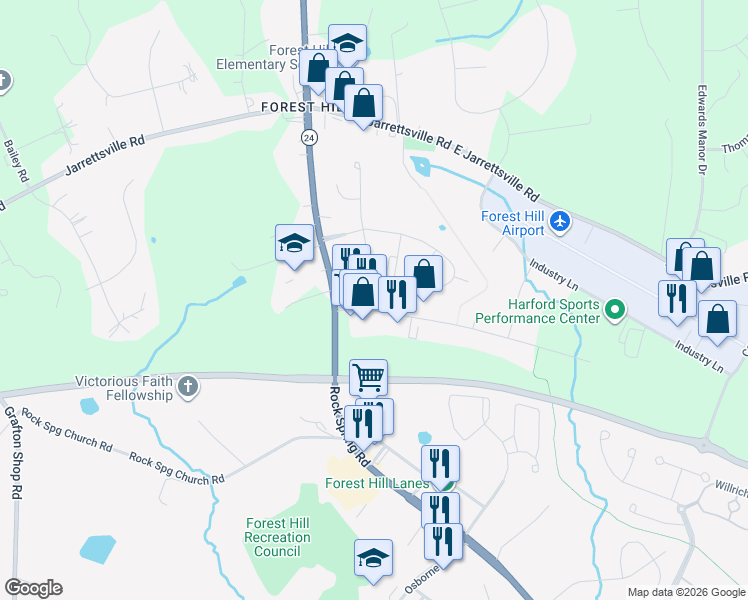 map of restaurants, bars, coffee shops, grocery stores, and more near 2 Newport Drive in Forest Hill