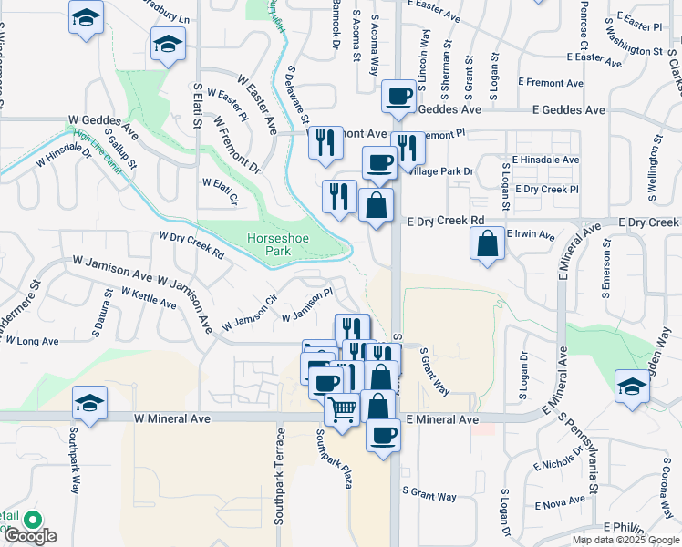 map of restaurants, bars, coffee shops, grocery stores, and more near 289 West Jamison Circle in Littleton