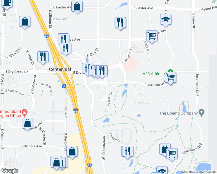 map of restaurants, bars, coffee shops, grocery stores, and more near 7820 Inverness Blvd E in Englewood