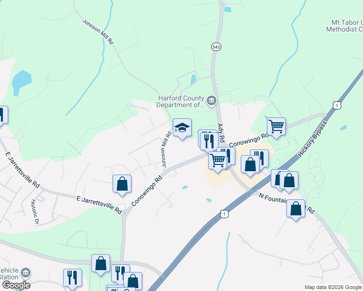 map of restaurants, bars, coffee shops, grocery stores, and more near 2100 Conowingo Road in Bel Air