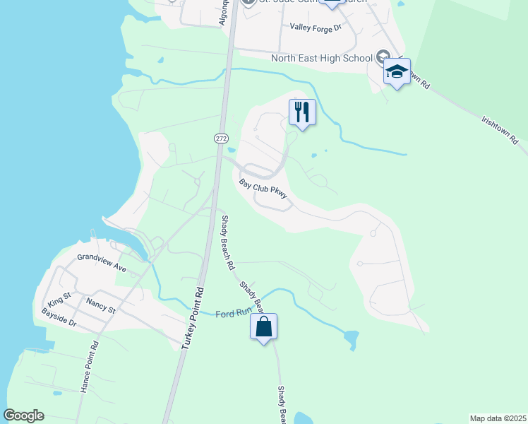 map of restaurants, bars, coffee shops, grocery stores, and more near 25 Crescent Links Drive in North East