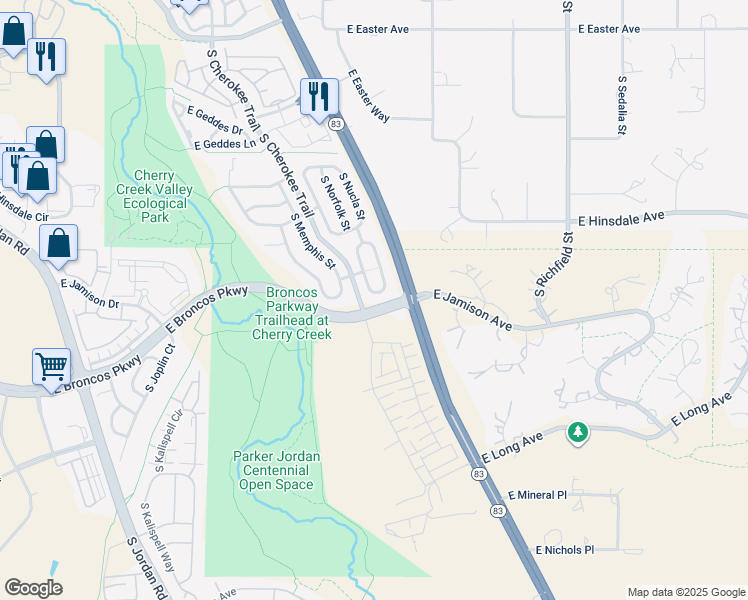 map of restaurants, bars, coffee shops, grocery stores, and more near 7497 South Norfolk Street in Aurora