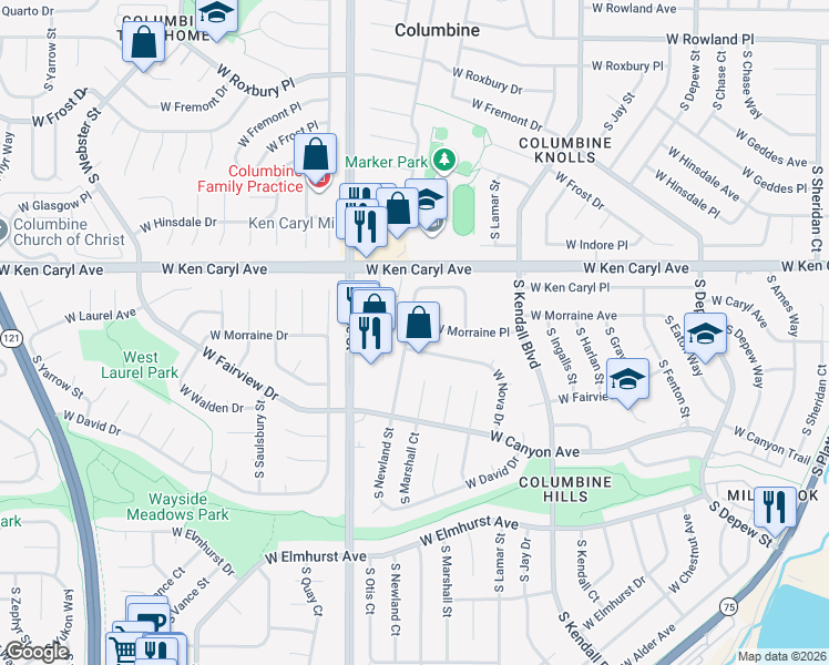 map of restaurants, bars, coffee shops, grocery stores, and more near 6592 West Morraine Place in Littleton
