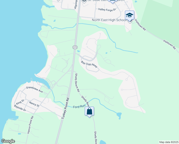 map of restaurants, bars, coffee shops, grocery stores, and more near 25 Crescent Links Drive in North East
