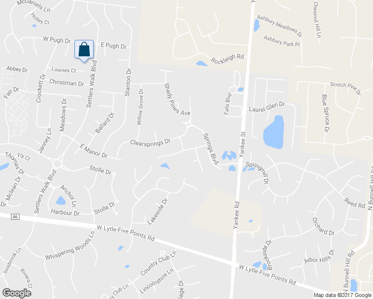 map of restaurants, bars, coffee shops, grocery stores, and more near 325 Woodstream Drive in Springboro