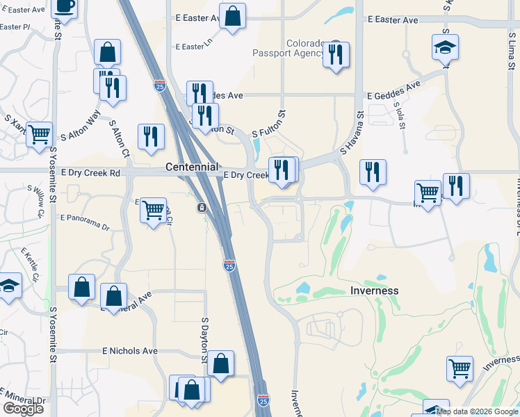 map of restaurants, bars, coffee shops, grocery stores, and more near 158 Inverness Drive West in Englewood