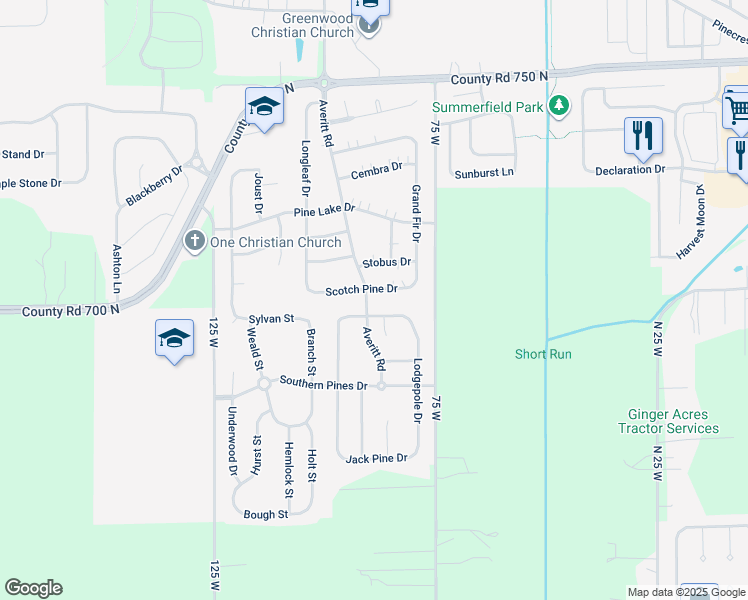 map of restaurants, bars, coffee shops, grocery stores, and more near 655 Scotch Pine Drive in Greenwood