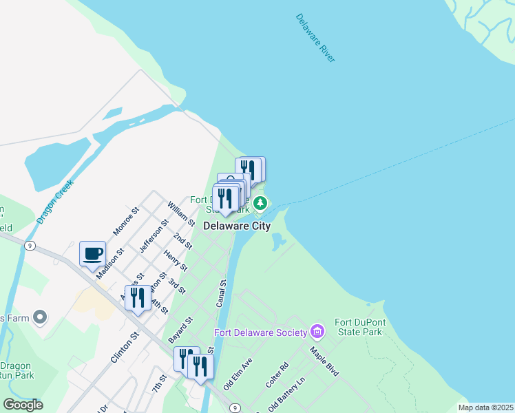 map of restaurants, bars, coffee shops, grocery stores, and more near 46 Clinton Street in Delaware City