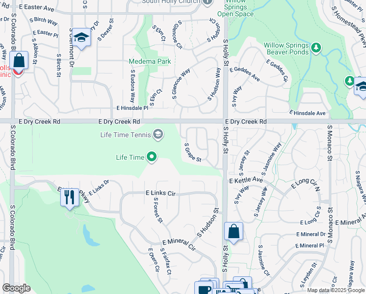 map of restaurants, bars, coffee shops, grocery stores, and more near 7603 South Grape Street in Centennial
