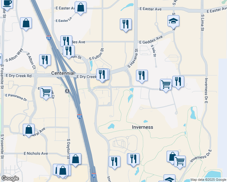 map of restaurants, bars, coffee shops, grocery stores, and more near 10156 Inverness Main Street in Englewood