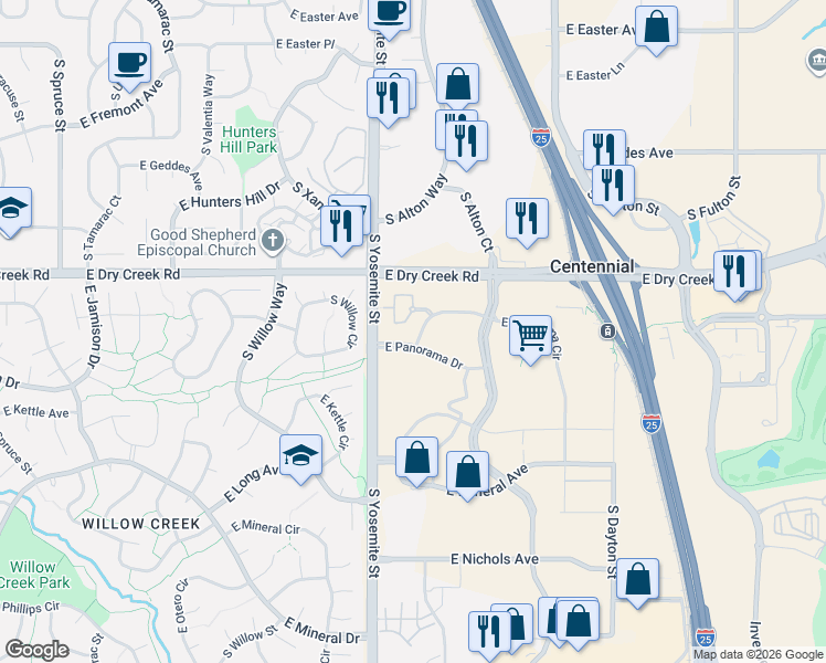 map of restaurants, bars, coffee shops, grocery stores, and more near 9019 East Panorama Circle in Englewood