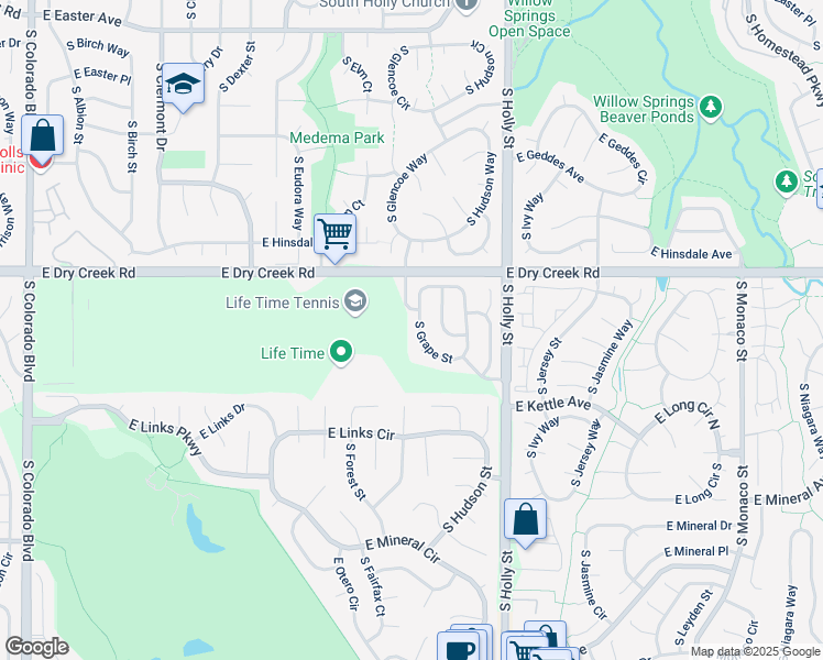 map of restaurants, bars, coffee shops, grocery stores, and more near 7603 South Grape Street in Centennial
