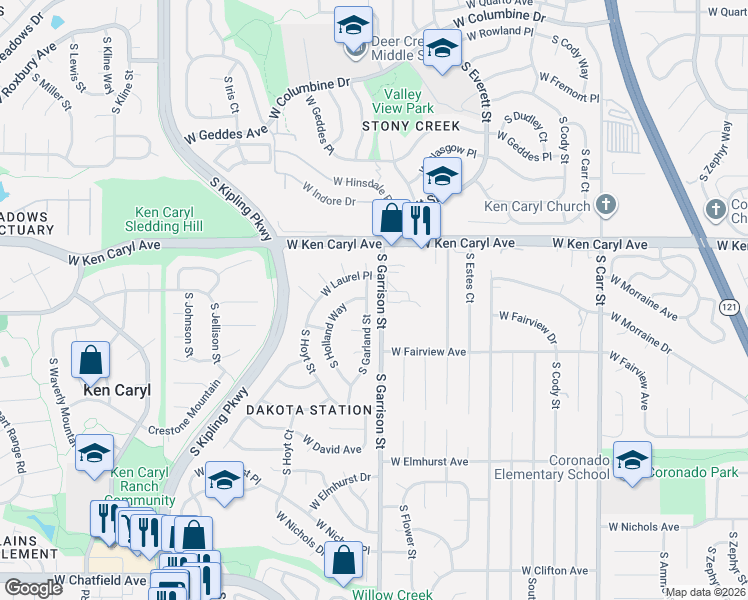 map of restaurants, bars, coffee shops, grocery stores, and more near 9142 West Ken Caryl Avenue in Littleton