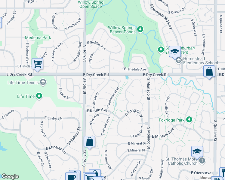 map of restaurants, bars, coffee shops, grocery stores, and more near 5972 East Irish Place in Centennial