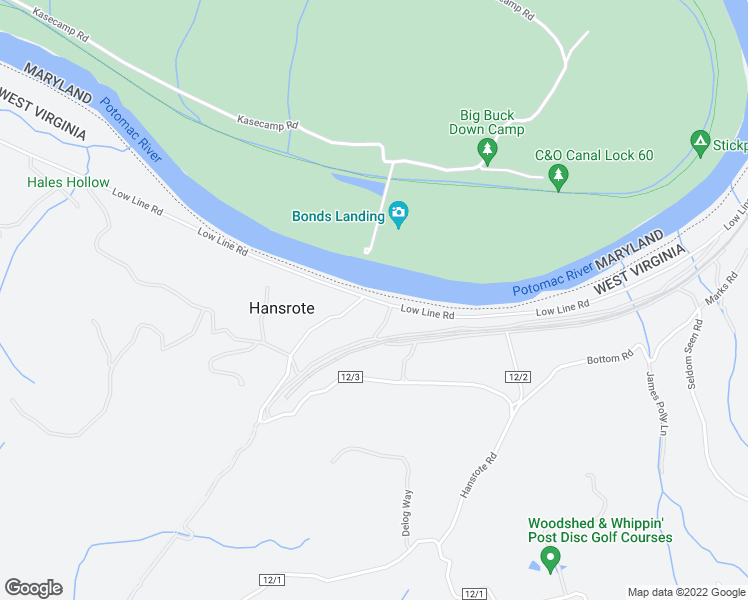 map of restaurants, bars, coffee shops, grocery stores, and more near Low Line Road in Great Cacapon