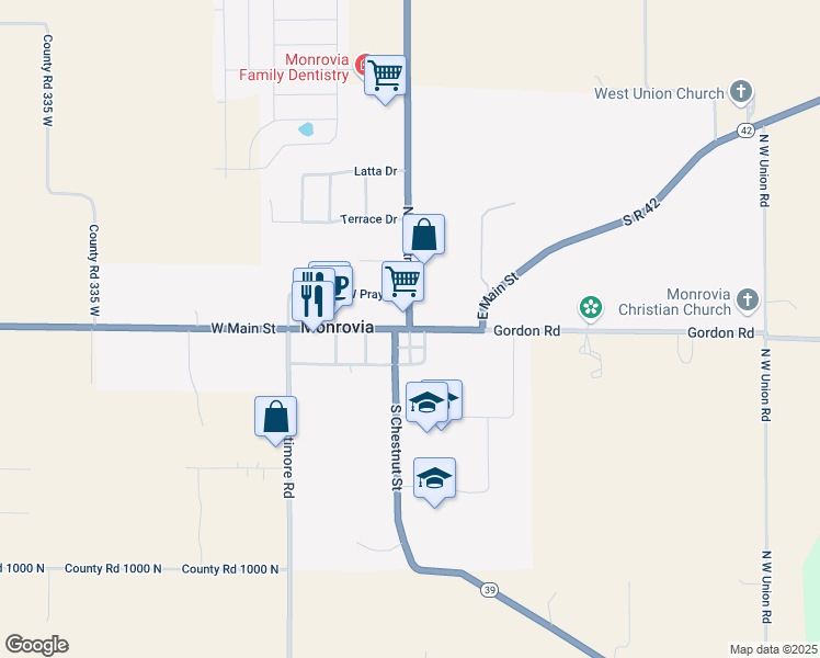 map of restaurants, bars, coffee shops, grocery stores, and more near State Road 39 in Monrovia