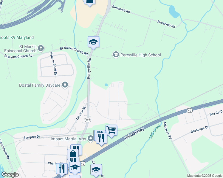 map of restaurants, bars, coffee shops, grocery stores, and more near 1636 Greenspring Avenue in Perryville