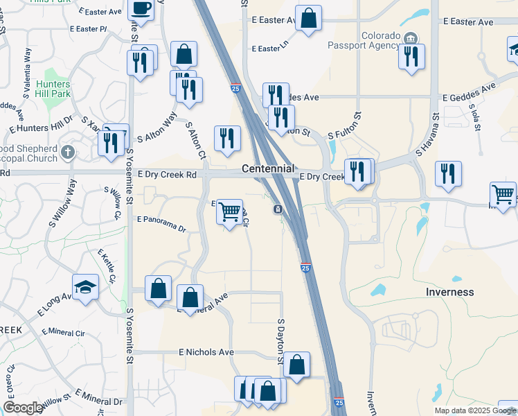 map of restaurants, bars, coffee shops, grocery stores, and more near 9501 East Panorama Circle in Englewood