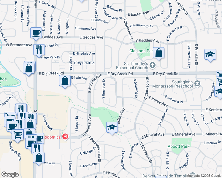 map of restaurants, bars, coffee shops, grocery stores, and more near 957 East Irwin Place in Centennial
