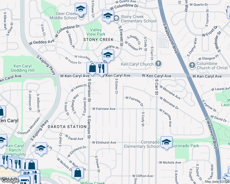 map of restaurants, bars, coffee shops, grocery stores, and more near 7603 South Estes Court in Littleton
