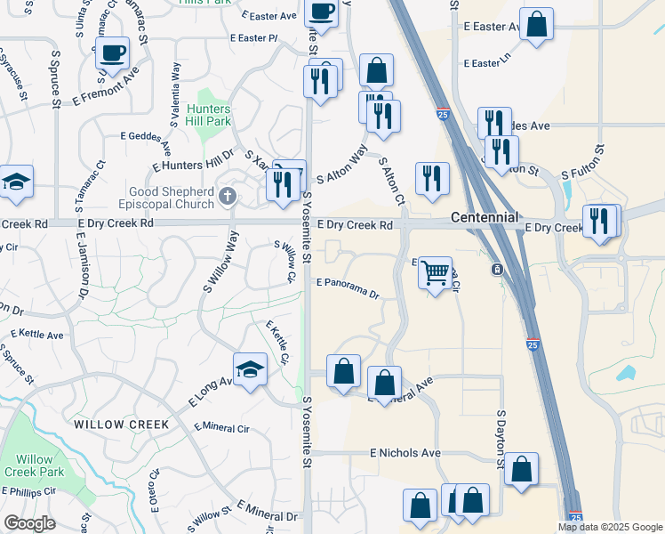 map of restaurants, bars, coffee shops, grocery stores, and more near 9019 East Panorama Circle in Englewood