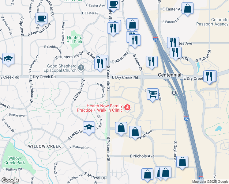 map of restaurants, bars, coffee shops, grocery stores, and more near 9019 East Panorama Circle in Englewood