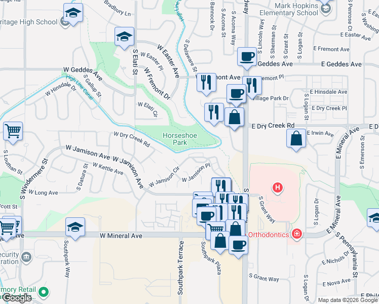 map of restaurants, bars, coffee shops, grocery stores, and more near 9 West Jamison Circle in Littleton
