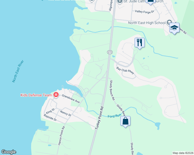 map of restaurants, bars, coffee shops, grocery stores, and more near 985 Hance Point Road in North East