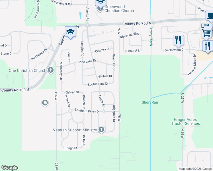map of restaurants, bars, coffee shops, grocery stores, and more near 599 Scotch Pine Drive in Greenwood