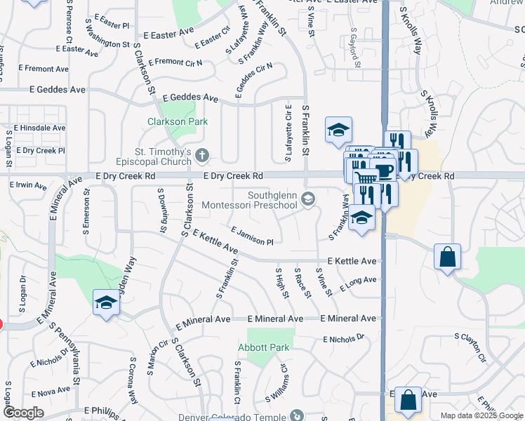 map of restaurants, bars, coffee shops, grocery stores, and more near 1768 East Jamison Avenue in Centennial