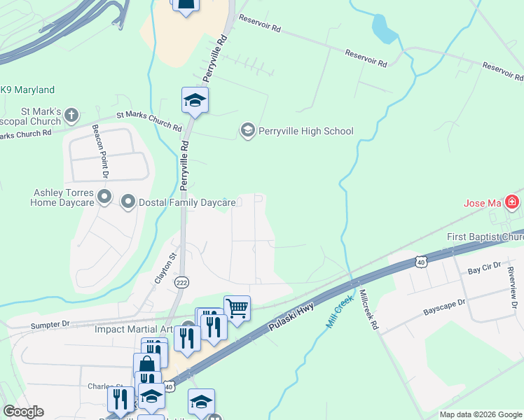 map of restaurants, bars, coffee shops, grocery stores, and more near 1628 Ingleside Avenue in Perryville