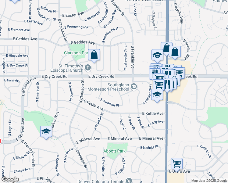 map of restaurants, bars, coffee shops, grocery stores, and more near 1768 East Jamison Avenue in Centennial