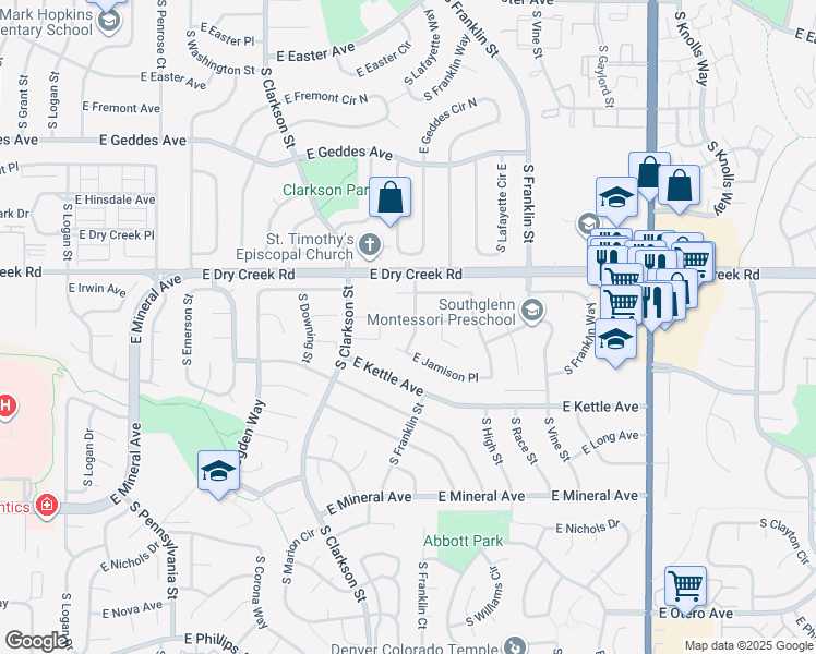 map of restaurants, bars, coffee shops, grocery stores, and more near 1584 East Jamison Avenue in Centennial