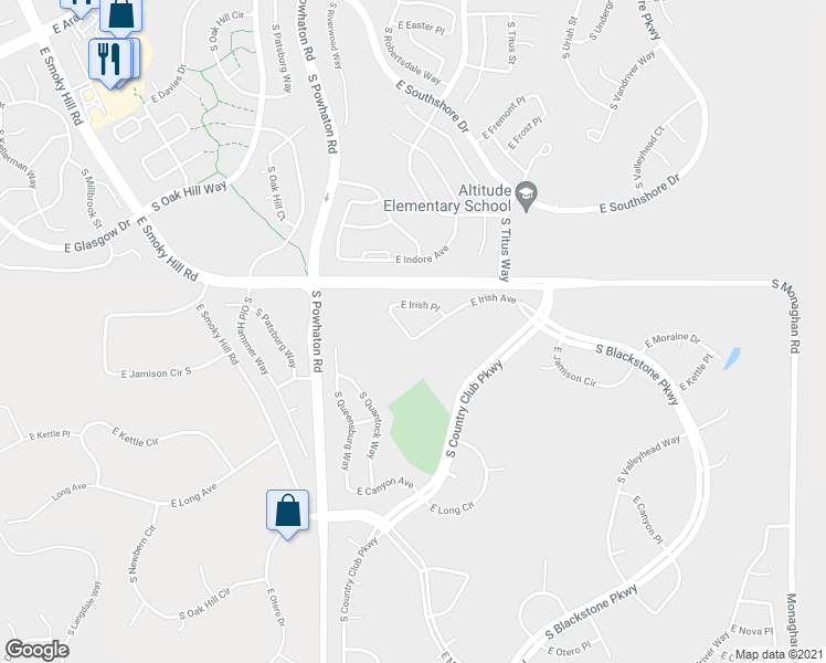 map of restaurants, bars, coffee shops, grocery stores, and more near 26827 East Irish Avenue in Aurora