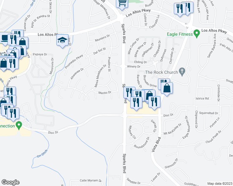 map of restaurants, bars, coffee shops, grocery stores, and more near 4733 Pradera Court in Sparks