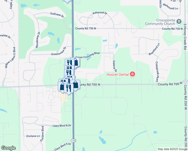 map of restaurants, bars, coffee shops, grocery stores, and more near 1640 West Stones Crossing Road in Greenwood