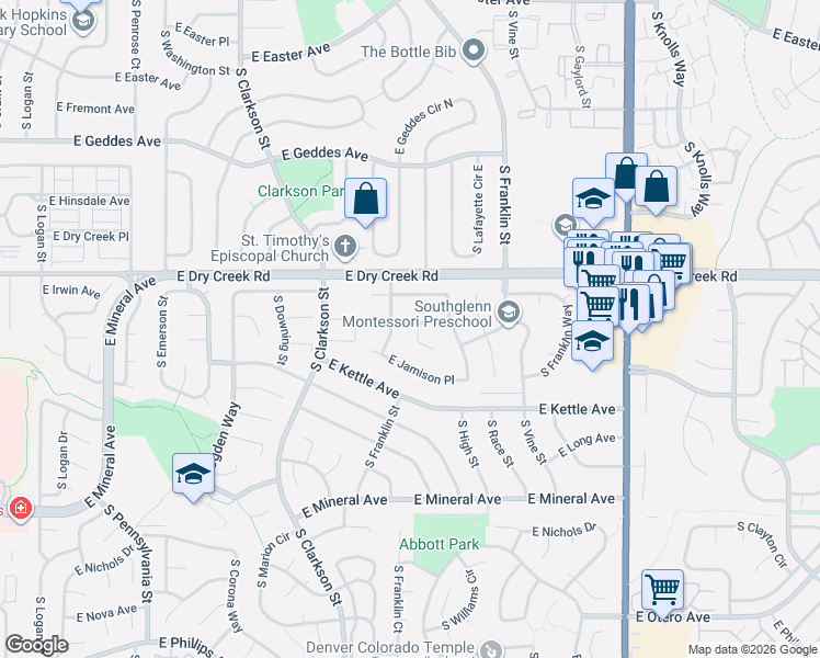 map of restaurants, bars, coffee shops, grocery stores, and more near 1708 East Jamison Avenue in Centennial