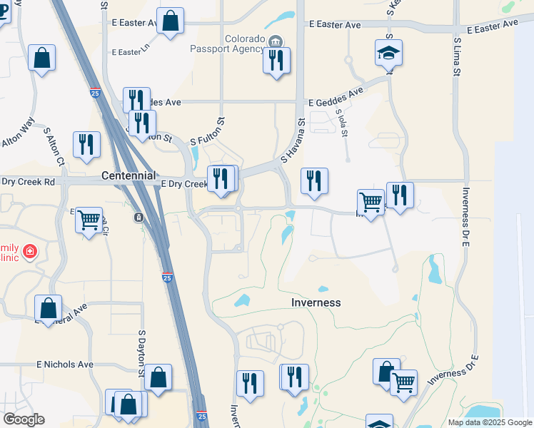map of restaurants, bars, coffee shops, grocery stores, and more near 7812 Vallagio Lane in Englewood