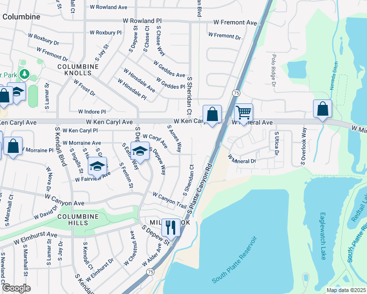 map of restaurants, bars, coffee shops, grocery stores, and more near 7582 South Ames Way in Littleton