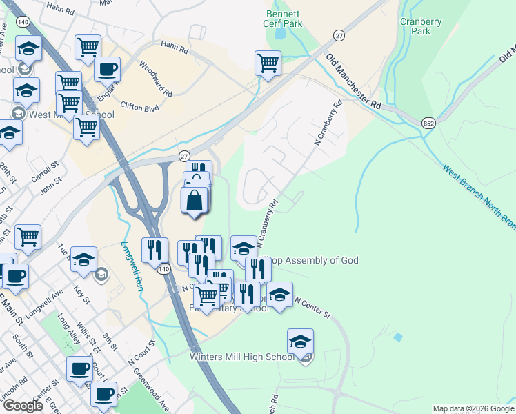 map of restaurants, bars, coffee shops, grocery stores, and more near 340 Logan Drive in Westminster