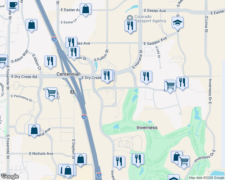 map of restaurants, bars, coffee shops, grocery stores, and more near 10128 Inverness Main Street in Englewood