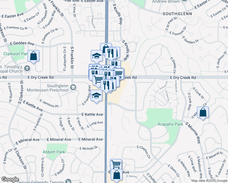 map of restaurants, bars, coffee shops, grocery stores, and more near 7562 South University Boulevard in Centennial