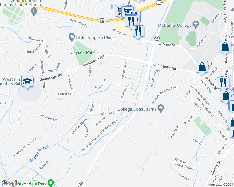 map of restaurants, bars, coffee shops, grocery stores, and more near 227 Lodestone Court in Westminster
