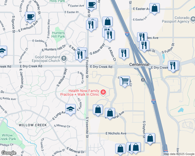 map of restaurants, bars, coffee shops, grocery stores, and more near 9019 East Panorama Circle in Englewood